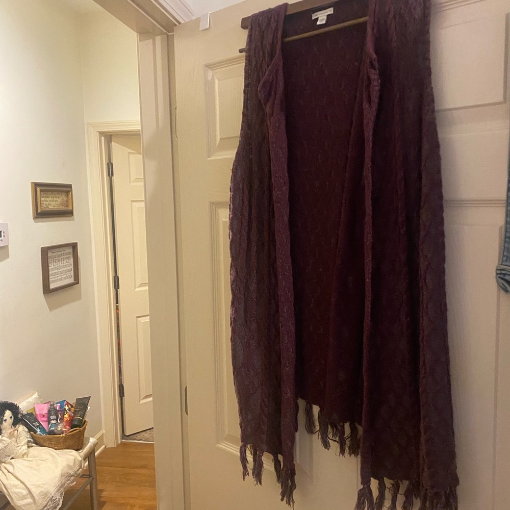 Cato Maroon Knit Long Bohemian Vest with Fringe